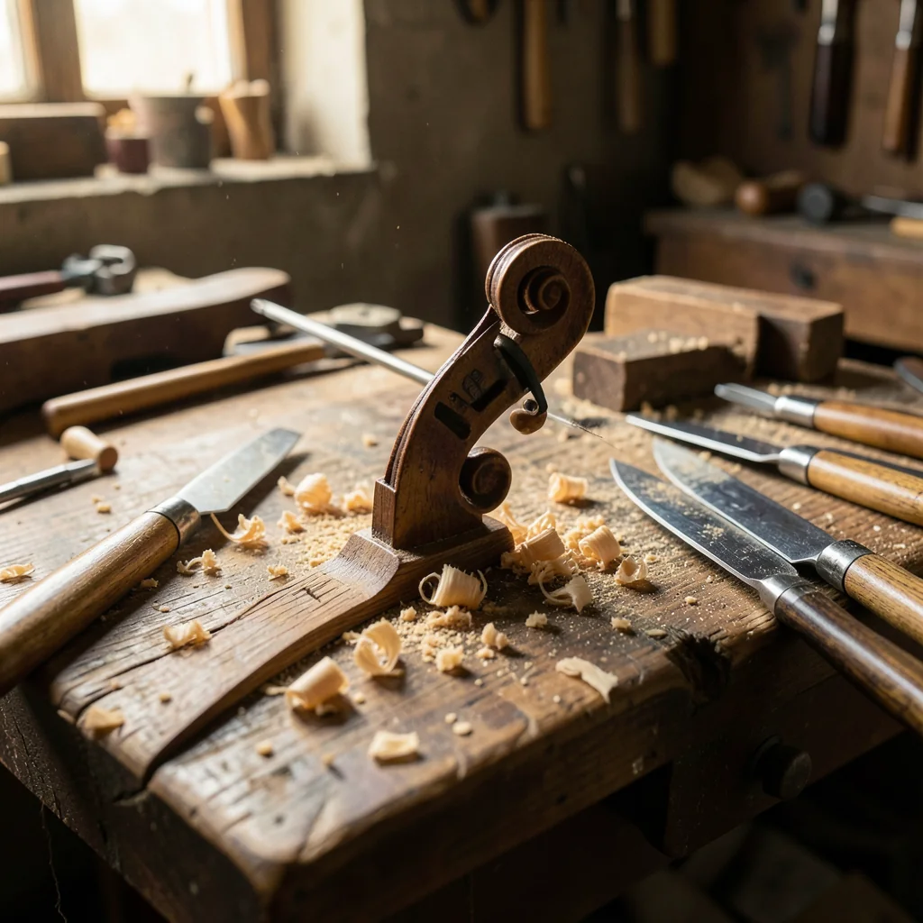 Violin maker's bench with gouges and a scroll being carved