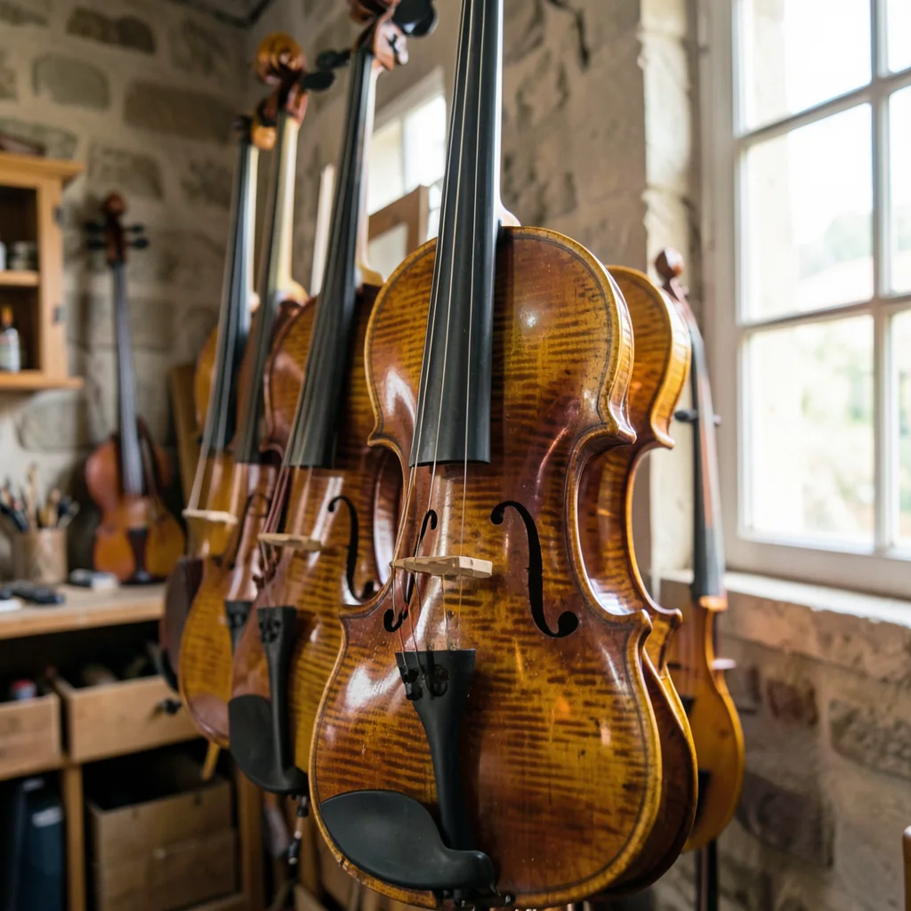 Newly varnished violins in amber oil varnish
